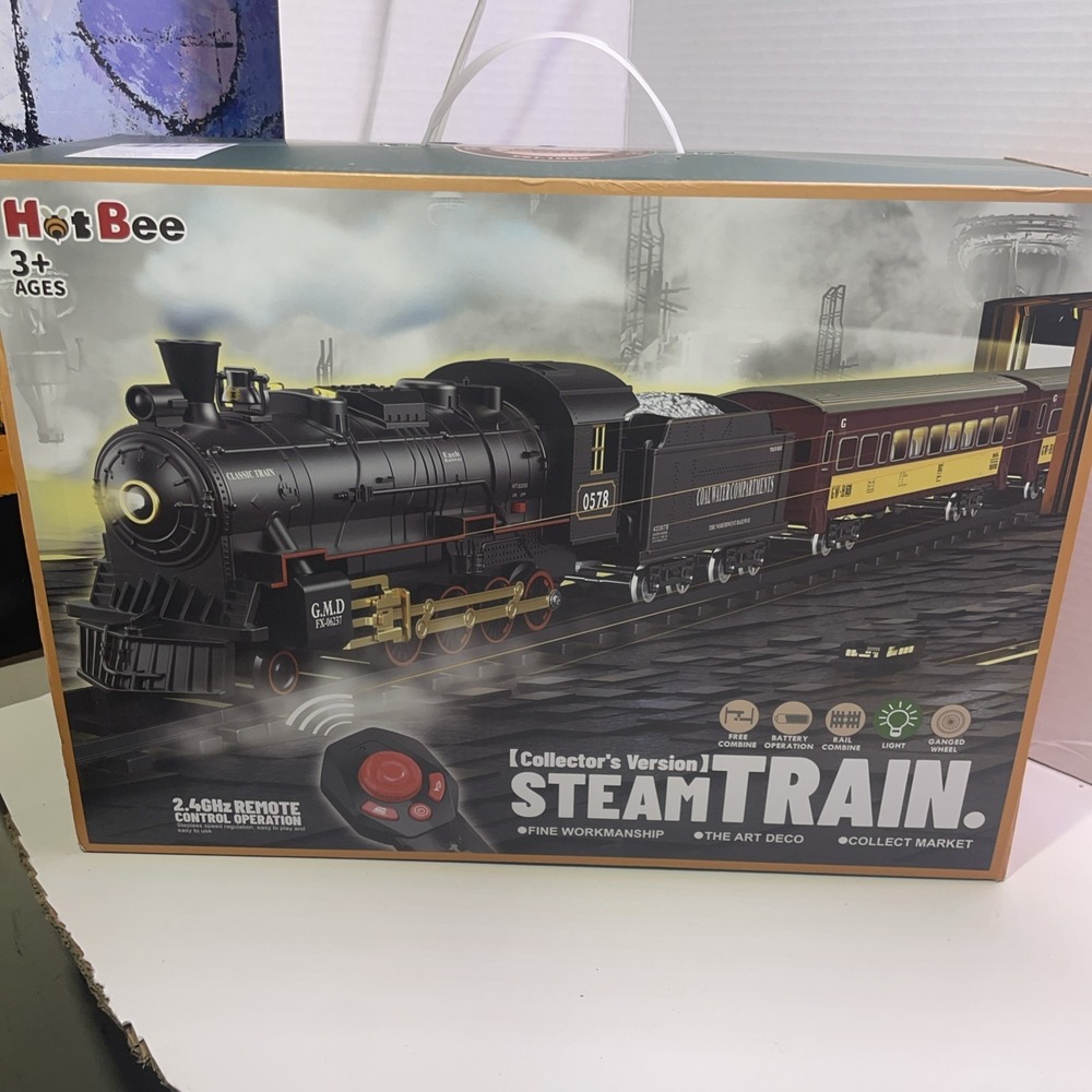 Hot Bee Remote Control Steam Train Set Realistic Smoke Light Sound Model Rail